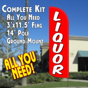 LIQUOR (Red/White) Windless Feather Banner Flag Kit (Flag, Pole, & Ground Mt)
