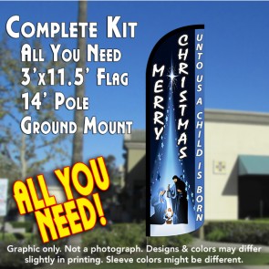 MERRY CHRISTMAS (Unto Us...) Windless Feather Banner Flag Kit (Flag, Pole, & Ground Mt)