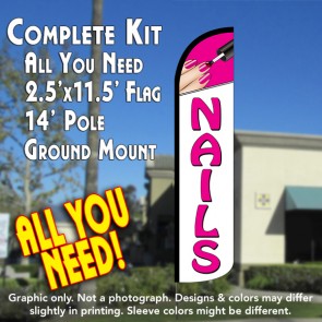 NAILS (Pink/White) Windless Feather Banner Flag Kit (Flag, Pole, & Ground Mt)