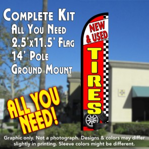 NEW & USED TIRES (Red/Checkered) Windless Feather Banner Flag Kit (Flag, Pole, & Ground Mt)