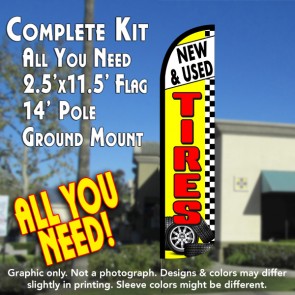 NEW & USED TIRES (Yellow/Checkered) Windless Feather Banner Flag Kit (Flag, Pole, & Ground Mt)