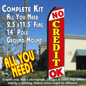 NO CREDIT OK (White/Red) Flutter Feather Banner Flag Kit (Flag, Pole, & Ground Mt)