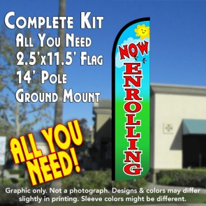 NOW ENROLLING (Blue/Green) Windless  Feather Banner Flag Kit (Flag, Pole, & Ground Mt)