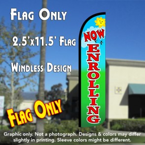 NOW ENROLLING (Blue/Green) Windless Polyknit Feather Flag (2.5 x 11.5 feet)