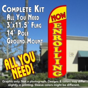 Now Enrolling (Yellow/Red)) Windless Feather Banner Flag Kit (Flag, Pole, & Ground Mt)