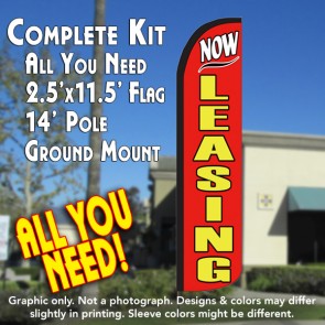 NOW LEASING (Red) Windless Feather Banner Flag Kit (Flag, Pole, & Ground Mt)