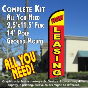 NOW LEASING (Red) Windless Feather Banner Flag Kit (Flag, Pole, & Ground Mt)