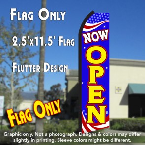 NOW OPEN (Patriotic) Flutter Polyknit Feather Flag (11.5 x 2.5 feet)