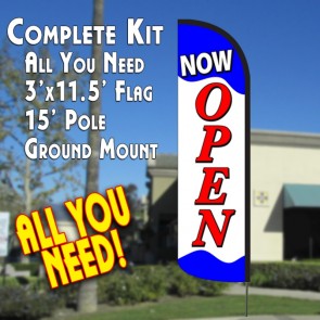 NOW OPEN (Blue/Red/White) Windless Feather Banner Flag Kit (Flag, Pole, & Ground Mt)
