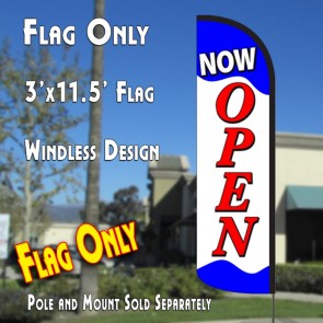 NOW OPEN (Blue/Red/White) Windless Polyknit Feather Flag (3 x 11.5 feet)