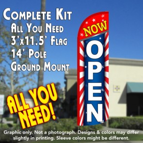 Now Open (Starburst) Windless Feather Banner Flag Kit (Flag, Pole, & Ground Mt)