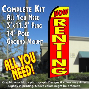 NOW RENTING (Yellow/Red) Flutter Feather Banner Flag Kit (Flag, Pole, & Ground Mt)