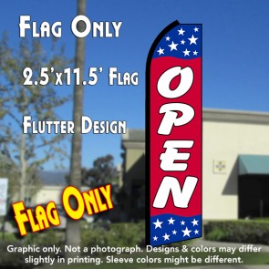OPEN (Blue/Red/Stars) Flutter Polyknit Feather Flag (11.5 x 2.5 feet)