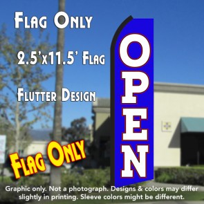 OPEN (Blue/White) Flutter Polyknit Feather Flag (11.5 x 2.5 feet)