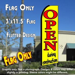 OPEN DURING CONSTRUCTION (Yellow) Flutter Feather Banner Flag (11.5 x 3 Feet)