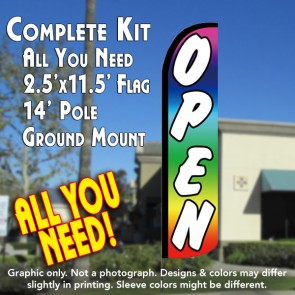 OPEN (Multicolor) Windless Feather Banner Flag Kit (Flag, Pole, & Ground Mt)