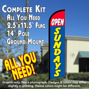 OPEN SUNDAYS (Red/Blue) Windless Feather Banner Flag Kit (Flag, Pole, & Ground Mt)