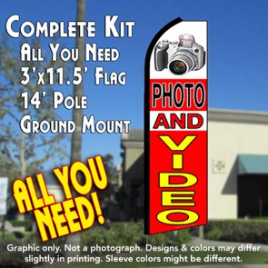 PHOTO AND VIDEO (White/Red) Flutter Feather Banner Flag Kit (Flag, Pole, & Ground Mt)