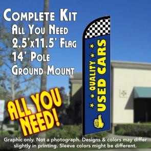 QUALITY USED CARS (Blue) Windless Feather Banner Flag Kit (Flag, Pole, & Ground Mt)