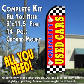 QUALITY USED CARS (Red/Checkered) Flutter Feather Banner Flag Kit (Flag, Pole, & Ground Mt)