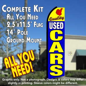 QUALITY USED CARS (Yellow/Blue) Flutter Feather Banner Flag Kit (Flag, Pole, & Ground Mt)