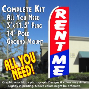 RENT ME (Red/Blue) Flutter Feather Banner Flag Kit (Flag, Pole, & Ground Mt)