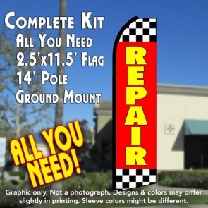 REPAIR (Red/Checkered) Flutter Feather Banner Flag Kit (Flag, Pole, & Ground Mt)