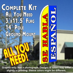 SE HABLA ESPANOL (Blue/Yellow) Flutter Feather Banner Flag Kit (Flag, Pole, & Ground Mt)