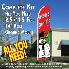 Season's Greetings (Red/Snowman) Flutter Feather Banner Flag Kit (Flag, Pole, & Ground Mt)