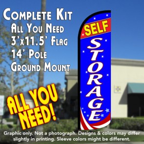 SELF-STORAGE (Red/White/Blue) Windless Feather Banner Flag Kit (Flag, Pole, & Ground Mt)