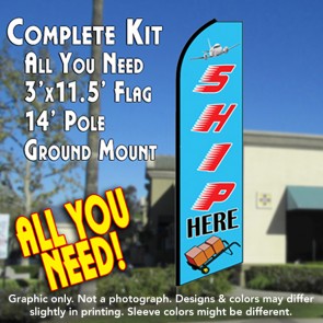 SHIP HERE (Blue) Flutter Feather Banner Flag Kit (Flag, Pole, & Ground Mt)