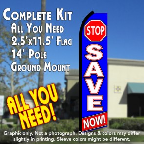STOP SAVE NOW (Blue/White) Flutter Feather Banner Flag Kit (Flag, Pole, & Ground Mt)