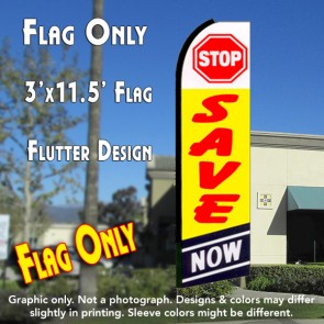 STOP SAVE NOW (Yellow/Blue) Flutter Feather Banner Flag (11.5 x 3 Feet)