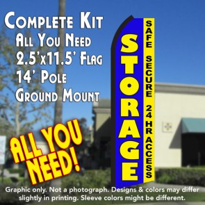 STORAGE Safe Secure 24hr Access (Blue/Yellow) Flutter Feather Banner Flag Kit (Flag, Pole, & Ground Mt)