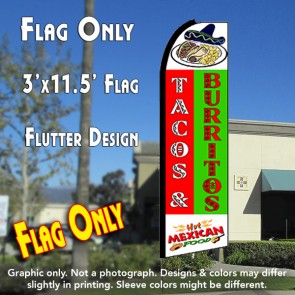 TACOS & BURRITOS (Red/Green) Flutter Feather Banner Flag (11.5 x 3 Feet)