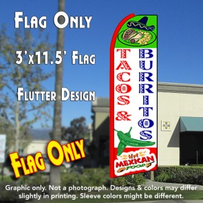 TACOS & BURRITOS (White/Green Chili) Flutter Feather Banner Flag (11.5 x 3 Feet)
