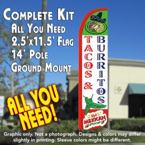 TACOS & BURRITOS Windless Feather Banner Flag Kit (Flag, Pole, & Ground Mt)