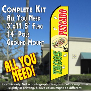 TACOS DE PESCADO (Yellow) Flutter Feather Banner Flag Kit (Flag, Pole, & Ground Mt)
