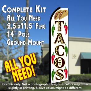 TACOS (White/Yellow) Flutter Feather Banner Flag Kit (Flag, Pole, & Ground Mt)