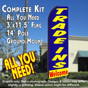 TRADE INS WELCOME (Blue/Yellow) Flutter Feather Banner Flag Kit (Flag, Pole, & Ground Mt)