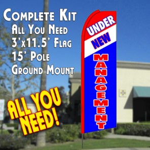 UNDER NEW MANAGEMENT (Tri-colored) Flutter Feather Banner Flag Kit (Flag, Pole, & Ground Mt)