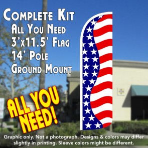 US Flag Pattern (Horizontal Waves) Windless Feather Banner Flag Kit (Flag, Pole, & Ground Mt)