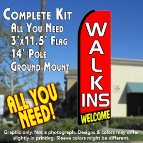 WALK-INS WELCOME (Red/Black) Flutter Feather Banner Flag Kit (Flag, Pole, & Ground Mt)