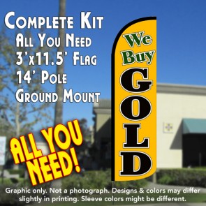 We Buy Gold (Gold/Black) Windless Feather Banner Flag Kit (Flag, Pole, & Ground Mt)