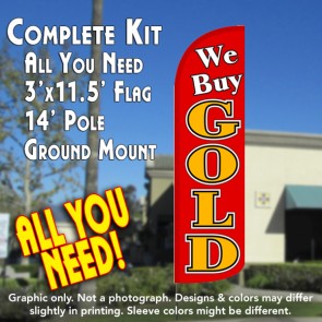 We Buy Gold (Red) Windless Feather Banner Flag Kit (Flag, Pole, & Ground Mt)