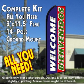 WELCOME BIENVENIDOS (Blue/Red) Flutter Feather Banner Flag Kit (Flag, Pole, & Ground Mt)