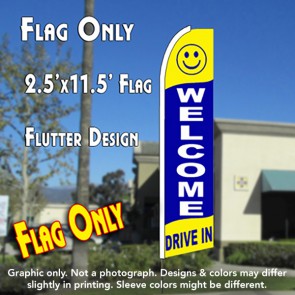 WELCOME DRIVE IN (Yellow/Blue) Flutter Feather Banner Flag (11.5 x 2.5 Feet)