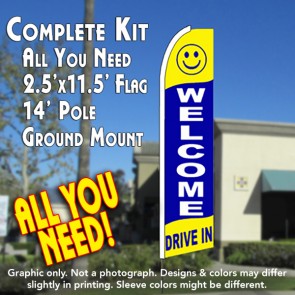 WELCOME DRIVE IN (Yellow/Blue) Flutter Feather Banner Flag Kit (Flag, Pole, & Ground Mt)
