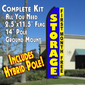 STORAGE First Month Free (Blue/Yellow) Flutter Feather Banner Flag Kit (Flag, Pole, & Ground Mt)