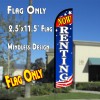 NOW RENTING (Patriotic White) Windless Polyknit Feather Flag (2.5 x 11.5 feet)